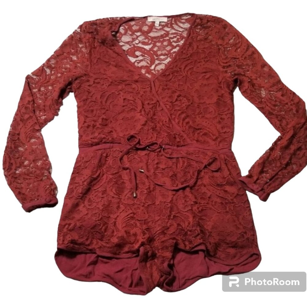 Lace Romper Lined V Neck Pockets Cranberry Red Long Sleeves Coquette Festival